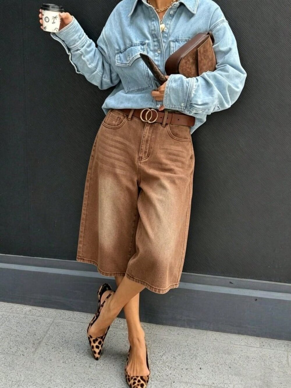 brown Women's Casual Denim Bermuda Shorts with Pockets - Picture 3 of 6